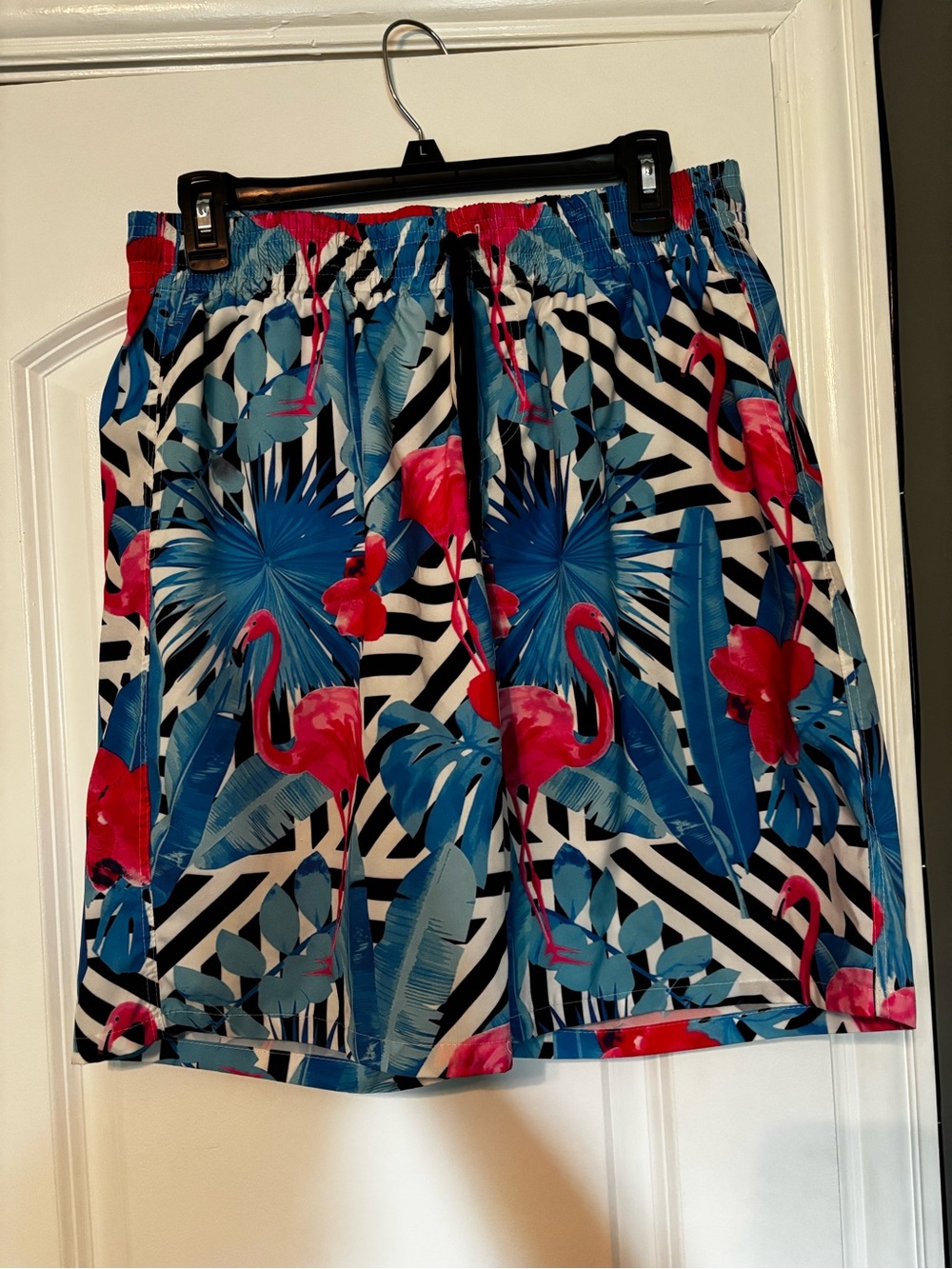 Tropical Flamingo Print Swim Trunks - Blue, Pink & Black Size Medium